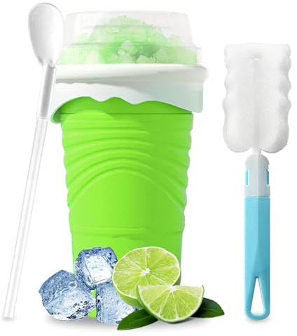 Herbst Slushy Maker Becher 500ml Silikon Squeeze Cup DIY Ice Cup | mit Strohhalm und Löffel Slush Eis Becher Slushy Maker Cup Smoothie Becher mit Reinigungsbürste (Grün)