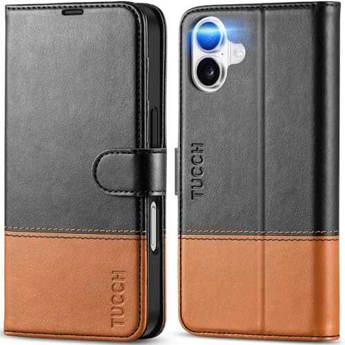 TUCCH Folio Wallet Case for iPhone 16 (6.1), Black & Brown | 4 Card Holders, RFID Blocking, Kickstand, Shockproof TPU, Premium PU Leather, Magnetic Closure, Foldable Flip Cover