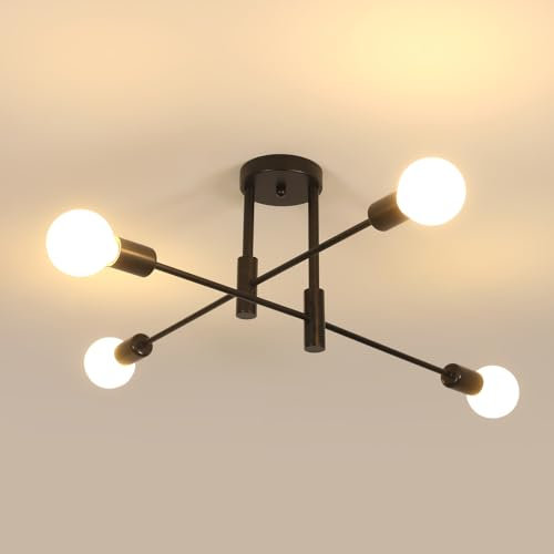 Comely Lampara de Techo Vintage Industrial, 4 Luces E27 Lámpara de Araña Sputnik, Luz de techo Moderno para Salón Dormitorio Comedor Cocina, Negro (Sin Bombilla)