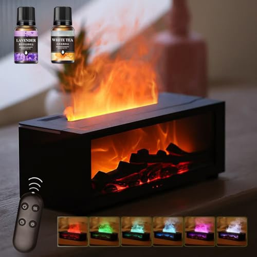 Starnearby LED Kamin Flammen Aroma Diffuser mit 7 Farben Licht und Timer Ember Diffuser 150ml Luftbefeuchter Flame Humidifier Kamin Diffusor (Schwarz+2*ätherisches Öl)