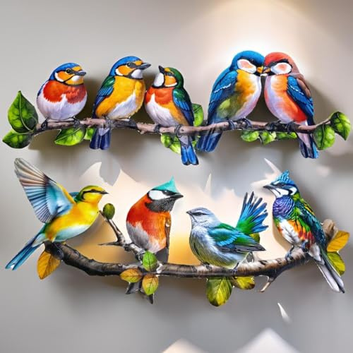2025 Wanddekoration aus Metall, lebendiger Vogel auf Ast, hängende Blätter, Metall, Kolibri-Dekor, geeignet für Veranda, Zaun, Garten, Außen- und Innenbereich, Wanddekorationen (2 Stück, bunte Vögel)