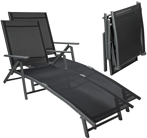 sunnypillow 2er Set Sonnenliegen klappbar 150 kg belastbar - Gartenliege aus Aluminium für Garten Balkon Terrassen wetterfest - Liegestuhl mit 8 Fach Verstellbarer Rückenlehne mit Armlehnen Anthrazit