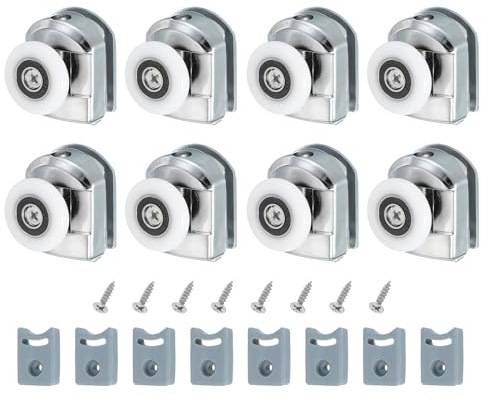 sourcing map Lot de 8 roulettes de porte de douche de 25 mm, glissières de porte de douche simples, roues en plastique avec bloc anti-collision et vis pour portes en verre, 4 à 6 mm, argent