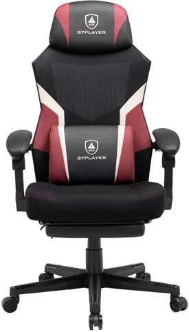 GTPLAYER Gaming Stuhl mit Fußstütze, ergonomischer Bürostuhl mit Netzrückenlehne, Schreibtischstuhl Gaming Sessel aus Stoff für Zuhause und Büro (rot)
