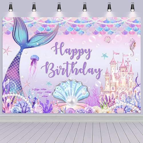 Hnmdmyi 2.1x1.5m Sfondo sirena Sotto il mare Coda di sirena viola Castello sognante Conchiglia Perla Buon Compleanno Fotografia Sfondo Principessa Ragazza Compleanno Decorazioni Photo Booth Props
