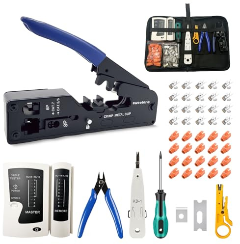 Netzwerk Werkzeug Set, RJ45 Crimpzange Werkzeugset für Cat7 Cat6 Cat5 Stecker mit 20 x LAN Kabel Stecker, Netzwerktester, Abisolierzange, Krimpzangenset RJ45/RJ11/RJ12 Reparaturwerkzeuge