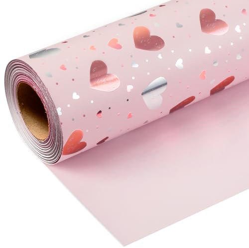 Wikadlik Roségold und Silber Herz-Geschenkpapierrolle - 43cm x 10m Rosa Geschenkpapier für Geburtstag, Valentinstag, Muttertag, Vatertag, Hochzeit, Abschluss, Weihnachten