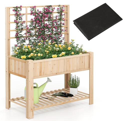 COSTWAY 2-Tier Raised Garden Bed with Trellis, Wooden Elevated Planter Box with Removable Liner, Storage Shelf & Drainage Holes, Flower Growing Box Container for Climbing Plants Vines Fruit (Natural)