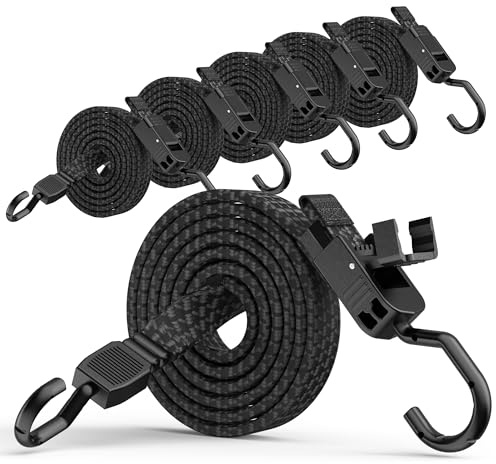 Rugtol Bungee Cords with Hooks, 48 Inch Adjustable Flat Bungee Straps with Quick Release Buckle, Rubber Black Heavy Duty Elastic Cords with Metal Hooks for Bike Rack, Outdoor, Camping, Tarp, 6 Pack