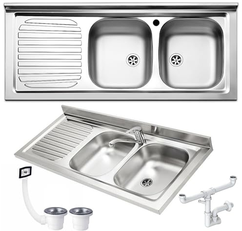Lavello Appoggio Cucina no incasso 120X50 FHULLER serie ITALIA IT1202LVE -2 Vasche 33X37 DESTRE + Gocciolatoio 43X37 SINISTRO- Inox Prelucidato Spessore 5/10 Vasche Profondità cm.16,6 Per Base 120