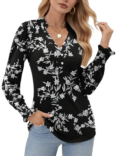 Cuptacc Chemisier Femme Chic et Élégant Col en V Chemise Femme Manche Longue Haut Casual Bouton T Shirt Noir Blanc Bambou Floral, Moyen M 38-40