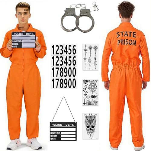 HEYIDAMAI Gefängnis Kostüm Orange Herren, Prisoner Overall für Halloween, Sträfling Kostüm Damen Orange mit Namensschild und Handschellen, für Erwachsene Cosplay Karneval Halloween