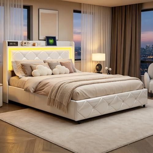BRILVERDE Polsterbett 140x200 mit Stauraum, Doppelbett mit LED und USB, Jugendbett mit Kopfteil, Hydraulisch Stauraumbett, Bettgestell mit Lattenrost, Funktionsbett, PU (Weiß, 140 x 200 cm)
