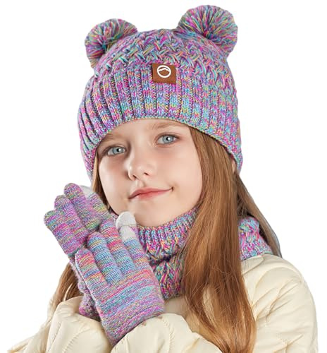 MAZELIKEHOOD Cappello Sciarpa Guanti per Bambina Set Invernale 3 Pezzi con Pon Pon Berretto di Caldo Sciarpa e Guanti per Neve Accessori Invernali per Ragazze 4-10 Anni