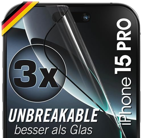 UTECTION 3x Schutzfolie für iPhone 15 Pro, Panzerglas-Alternative | kein Glas = kein Splittern, Full Screen Folie bruchsicher, für iPhone 15pro 6,1 Zoll, Hülle-kompatibel