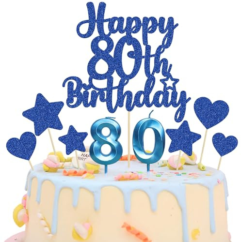 Gyufise 15Pcs Happy 80th Birthday Cake Topper Set with Heart Star Glitter Cheers to 80 Years Cake Picks Number 80 Candles Cake Decorations for Happy 80th Birthday Anniversary Party Supplies Blue