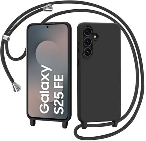 AOMYKE Handyhülle für Samsung Galaxy S25 FE Hülle mit Band, Handykette Szum Umhängen Schutzhülle mit Kette Kordel Weich TPU Liquid Silikon Case, Schwarz