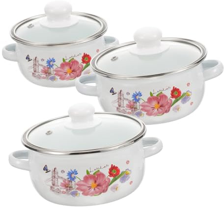 Alipis Vintage Enamel Stockpot Soup Pot with Lid Small Flat Bottom Cooking Pot Handles for Household Use 3pcs Set Random Flower Pattern