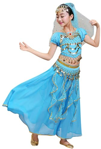 Kinder Mädchen Bauchtanz Pailletten Indischer Tanz Kostüm Halloween Tragen Karneval Sets (Sky Blue, 7-8 Years)