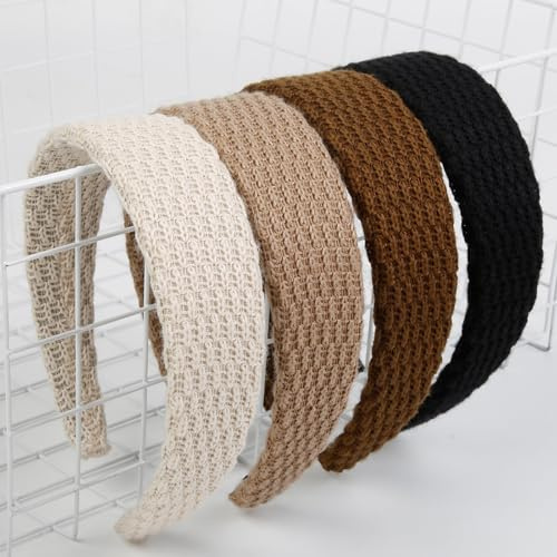 Auroriel 4 stycken pannband för kvinnor, stickade trendiga 4 cm breda pannband, glider inte, söta hårband för flickor, enfärgad, färg, elastiska hårband för kvinnor, hår, mode