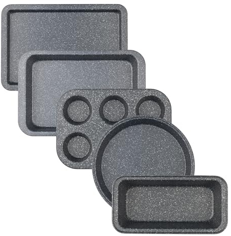 Salter Megastone 5pc Bakeware Set – 6-Cup Muffin Tray, 24cm Round Cake Tin, 27cm Loaf Pan, 37cm Baking Sheet & 36cm Roaster, Non-Stick Carbon Steel, PFOA-Free, Oven Safe Up to 220°C, Easy Clean