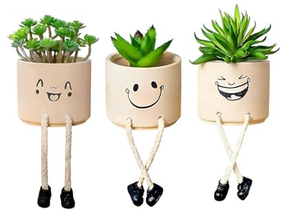 Hsyadazi Plantas artificiales, maceta con cara sonriente | Linda maceta con figuras para suculentas y plantas pequeñas para jardín, balcón y alféizar (verde)