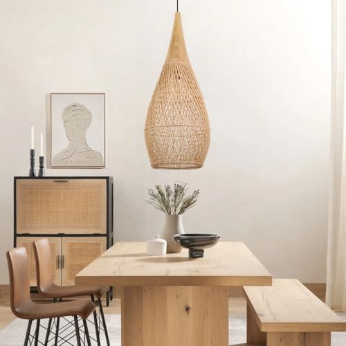 COOINJOY Hängelampe Rattan Wohnzimmer – Pendelleuchte Rattan Esstisch Esszimmer – Boho Lampe aus Natur als Korblampe – E27 Hängeleuchte (Ø35 cm, keine Glühbirne)