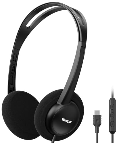 Wuopzf USB-C Wired on-Ear Headphones with Microphone & In-Line Control | Comfort Foam Pads, Adjustable Headband for Kids, Teens, Adults, Compatible with Type-C Phone, Tablet, Laptop, PC