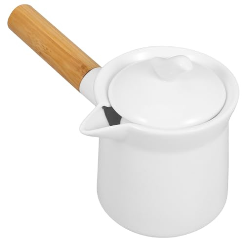 DIYEAH Pentola per Latte in Ceramica 350 Ml Manico in Legno Scaldalatte per Salse e Burro Uso Domestico Riscaldamento Veloce