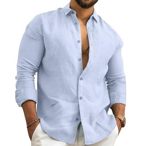 Litthing Chemise Lin Homme Coton Manches Longues Chemises Été à col Rabattu | Couleur Unie, Régulière Décontractée, Boutonnées, Leger Vetement Respirant Casual de Plage