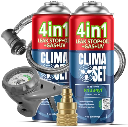 CLIMASET - Påfyllningssats för luftkonditionering i bilen - 2x Gas & Olja R1234yf + Slang + YF Adapter - för fordon från och med 2016, med modern slang och tryckmätare, enkel påfyllning
