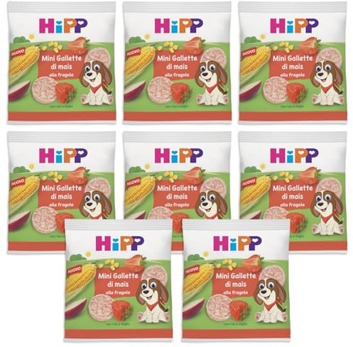 HiPP - Mini Gallette di Mais alla Fragola, 8 Confezioni da 23g, Bambini, Novità, Frutta, Purea di Fragola, A Base di Mais, Ingredienti Semplici, dai 3 Anni in Su, Novità