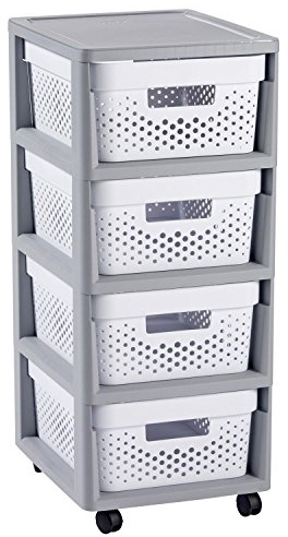 Curver - Mueble Organizador 4 Cajones Infinity con Ruedas - Cajones Extraíbles - Colores Gris/Blanco