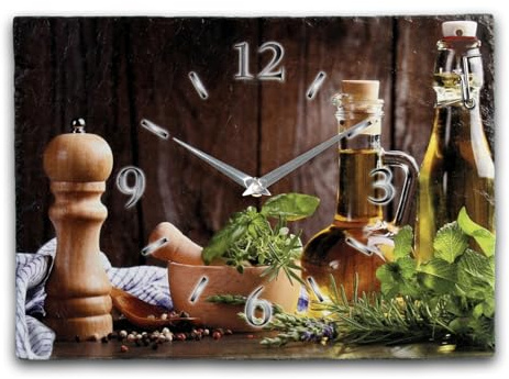 Kreative Feder Designer-Wanduhr aus Stein (Keramik) Größe ca. 35x25cm mit flüsterleisem Uhrwerk (Kräuter-Öl, leises Funkuhrwerk)