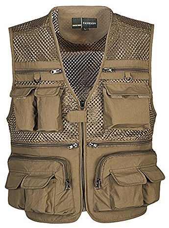 Ziker Men's Mesh Breathable Openwork Camouflage Journalist Photographer Fishing Vest Waistcoat Jacket Coat (US, Alpha, X-Large, Regular, Regular, Khaki)
