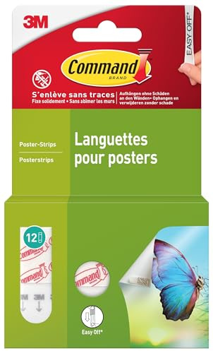 Command Poster-Strips Selbstklebend, 12 kleine Klebestreifen, Weiß - Poster, Fotos, Plakaten, Kalendern oder Bilder ohne Rahmen Aufhängen