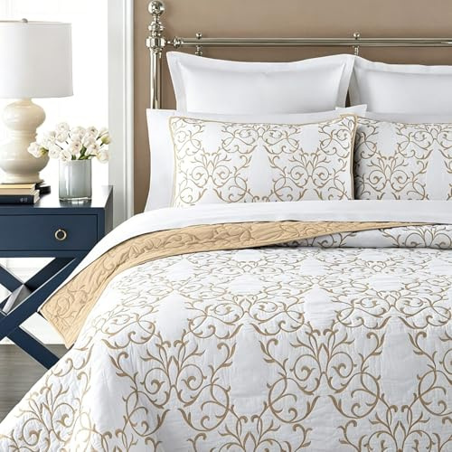 mixinni Quilt King Size Reversible Soft Cotton 3-Piece Beige Embroidery Pattern Elegant Quilt Set with Embroidered Decorative Shams Soft Bedspread&Coverlet Set-King Size