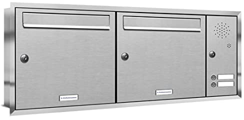 AL Briefkastensysteme, 2er Unterputzbriefkasten, Doppel-Briefkasten mit Klingel, 2 Fach, Briefkastenanlage modern, rostfrei Edelstahl Postkasten