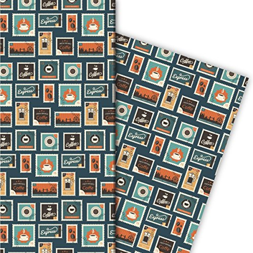 Kartenkaufrausch Retro Briefmarken Geschenkpapier Set in Kaffee Motiven als edle Geschenk Verpackung, Designpapier, scrapbooking 32 x 48cm, Dekorpapier, Musterpapier zum Einpacken, auf blau