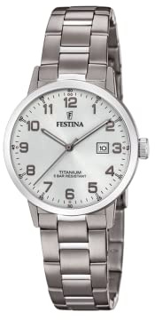 Festina Damenuhr Analog aus Titan Grau | Quarzwerk, Damenuhren, Widerstandsfähiges Mineralglas, Wasserdicht 5 ATM, Kalender F20436/1
