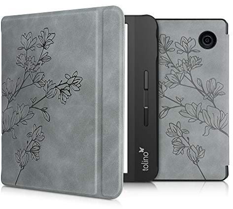 kwmobile Hülle kompatibel mit Tolino Vision 5 Hülle - Kunstleder Cover - Magnolien Grau