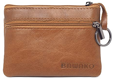 BAWAKO große Schlüsseltasche 3 Reißverschlussfächer Echtleder, Schlüsseletui für Damen Herren Kinder, Schlüsselmäppchen Kleingeldbörse kompakt handgemacht (Braun, W9,5/L13)