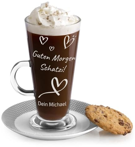 Maverton Latte Macchiato Glas mit Gravur - 360 ml - Cappuccino Tasse mit Henkel - Trinkglas für Kaffee - Kaffeezubehör - Kaffeeglas für Frauen - zum Geburtstag - personalisiert - Herzchen
