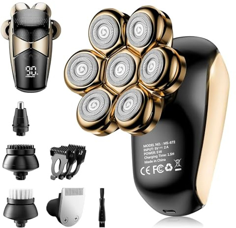 SHPAVVER Head Shavers for Bald Men: 5-in-1 Electric Razor - IPX7 Waterproof Shaving Grooming Kit for Balder - Turbo Speed & Precision Blades (Little Gold)