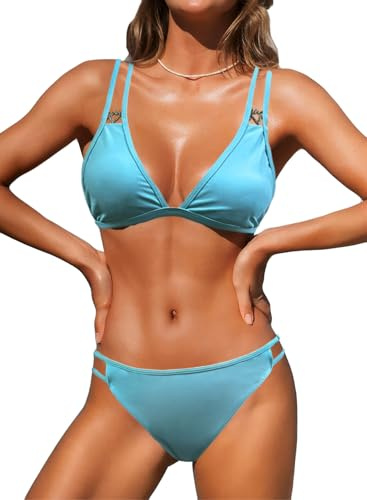 NLAND Bikini Sexy a Triangolo da Donna con Doppia Cinghia Costume da Bagno in 2 Pezzi con Cinghie Regolabili Costume da Bagno in Stile Brasiliano(Blu,S)