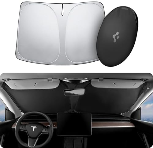 Spigen Tesla Model Y 2025 Juniper and Model 3 Highland 2024 2025 CryoShade Front Windscreen Sunshade, Dual Layered Protection From UV and Heat (Reinforced Velcro Strap), Designed for Tesla Accessories