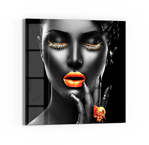 DEQORI Quadro in vetro vero vetro, motivo donna con trucco dorato, quadrato, 50 x 50 cm, bella decorazione da parete per soggiorno, camera da letto, corridoio e cucina, decorazione moderna da parete