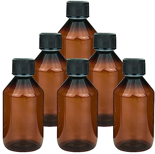mikken 6x Laborflasche 250ml Chemikalienflasche lebensmittelecht aus PET Kunststoff braun + Etiketten