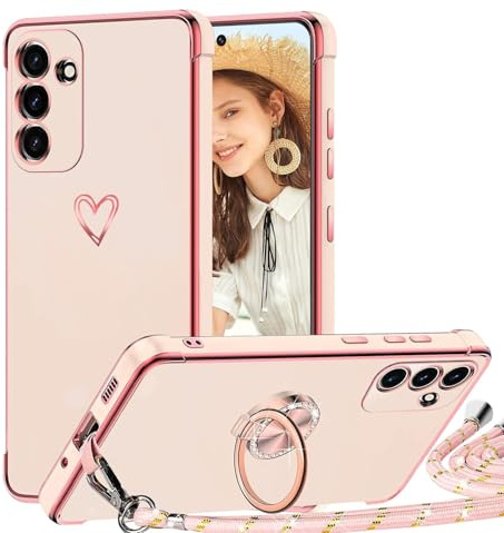 TVVTPU Cover per Samsung Galaxy A54 5G con Cordino e Anello Supporto, Custodia Sottile Morbido Silicone TPU Antiurto Dorata Placcatura Protettiva Case con Regolabile Collana Tracolla, Rosa