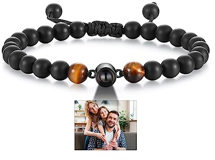 Glooraca Tigerauge Perlen Armbänder Personalisierte Foto Projektion Armband für Männer Benutzerdefinierte Armbänder mit Bild innen Personalisierte Geschenke für Papa Ehemann Freund. (E)